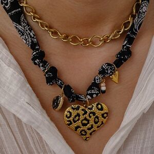 Gold Leopard Heart Pendant Necklace with Black Band